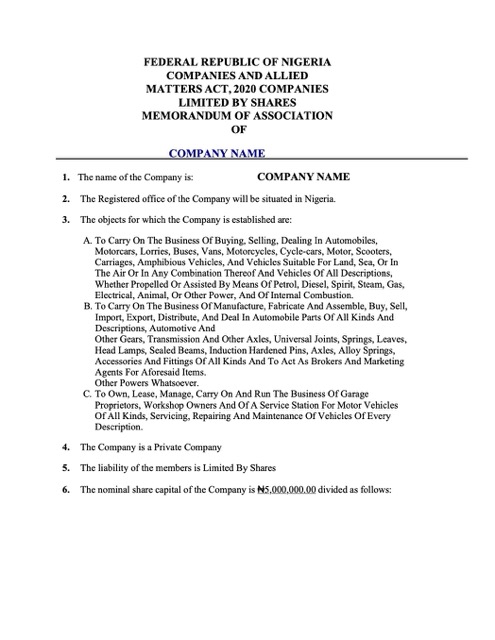 Nigeria certificate of registration Word and PDF template